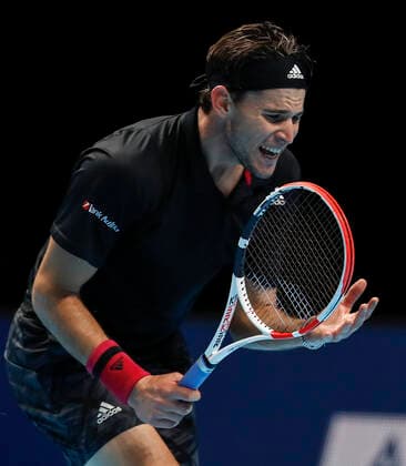 (201123) -- LONDON, Nov. 23, 2020 -- Dominic Thiem of Austria reacts during the singles final against Daniil Medvedev of Russia at the ATP, Tennis Herren World Tour Finals 2020 in London, Britain, Nov. 22, 2020. ) (SP)BRITAIN-LONDON-TENNIS-ATP FINALS-FINAL HanxYan 