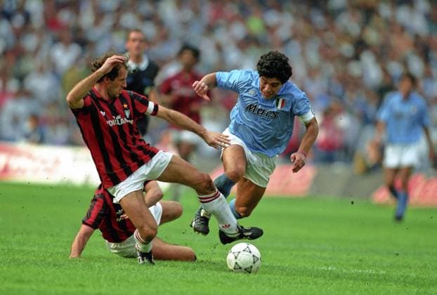 21 October 1990: Maradona is tackled by Franco Baresi during the Serie A game between Napoli and AC Milan. The game finished in a 1-1 draw  ActionPlus90102122 mikexhewitt