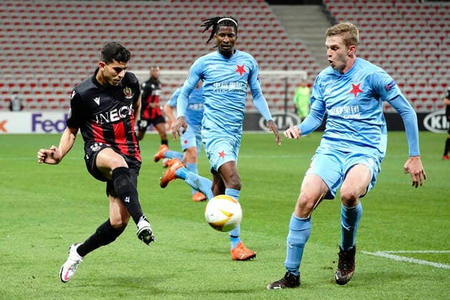 Youcef Atal (OGC Nice) - David Zima (Slavia Prague) FOOTBALL : OGC Nice vs Slavia Prague - Europa Ligue - Nice - 26 11 2020 NorbertScanella PanoramiC 