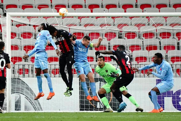But - Peter Olayinka (Slavia Prague) - Robson Bambu (OGC Nice) - Jan Boril (Slavia Prague) - Walter Benitez (OGC Nice) FOOTBALL : OGC Nice vs Slavia Prague - Europa Ligue - Nice - 26 11 2020 NorbertScanella PanoramiC 