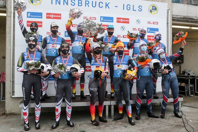 LUGE - FIL WC Innsbruck Igls 2020 INNSBRUCK,AUSTRIA,29.NOV.20 - LUGE - FIL World Cup Igls, artificial track, relay. Image shows the team of Austria, the team of Germany and the team of Russia.. GEPAxpictures xPatrickxSteiner