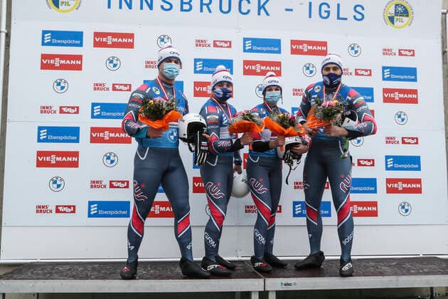 LUGE - FIL WC Innsbruck Igls 2020 INNSBRUCK,AUSTRIA,29.NOV.20 - LUGE - FIL World Cup Igls, artificial track, relay. Image shows the rejoicing of the russian team. Keywords: trophy. GEPAxpictures xPatrickxSteiner