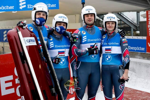 LUGE - FIL WC Innsbruck Igls 2020 INNSBRUCK,AUSTRIA,29.NOV.20 - LUGE - FIL World Cup Igls, artificial track, relay. Image shows the russian team. GEPAxpictures xPatrickxSteiner