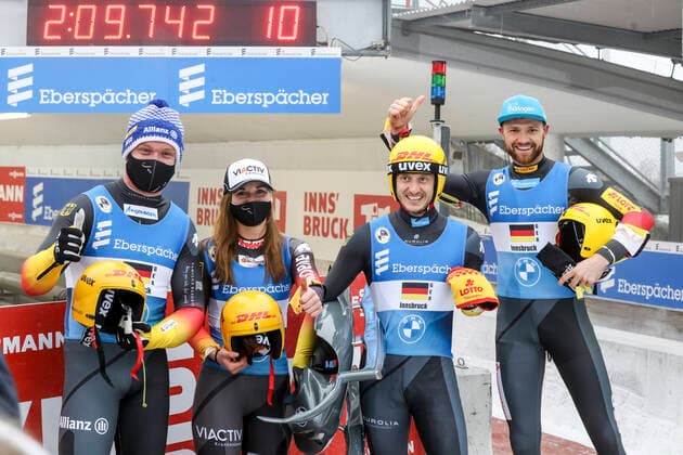 LUGE - FIL WC Innsbruck Igls 2020 INNSBRUCK,AUSTRIA,29.NOV.20 - LUGE - FIL World Cup Igls, artificial track, relay. Image shows the rejoicing of the german team. GEPAxpictures xPatrickxSteiner