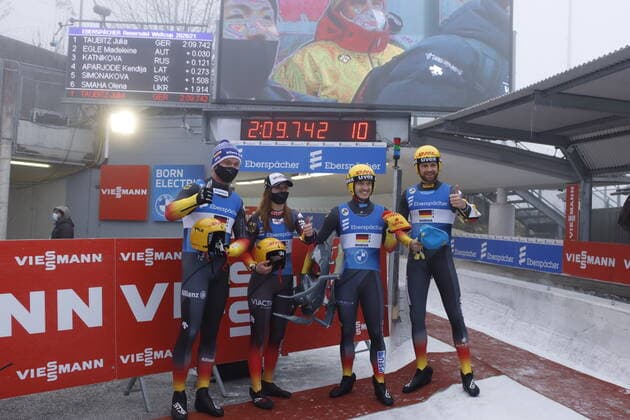 20201129 Luge World Cup Innsbruck Igls 2020 21 INNSBRUCK, AUSTRIA NOVEMBER 29 holes Felix, Taubitz Julia, Benecken Sascha and Eggert Toni Germany at the team competition during the team competition at the Luge World Cup Innsbruck Igls 2020 21 at the bobsleigh track Innsbruck Igls Innsbruck bobsleigh track Innsbruck Igls Tyrol Austria