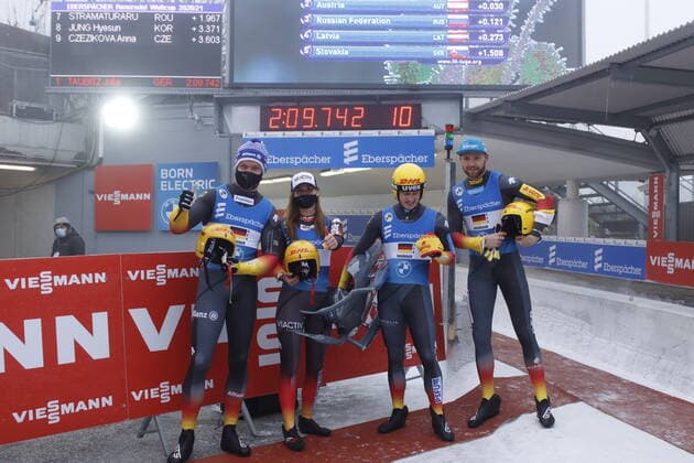 20201129 Luge World Cup Innsbruck Igls 2020 21 INNSBRUCK, AUSTRIA NOVEMBER 29 holes Felix, Taubitz Julia, Benecken Sascha and Eggert Toni Germany at the team competition during the team competition at the Luge World Cup Innsbruck Igls 2020 21 at the bobsleigh track Innsbruck Igls Innsbruck bobsleigh track Innsbruck Igls Tyrol Austria