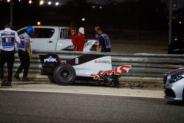 Crash GROSJEAN Romain (fra), Haas F1 Team VF-20 Ferrari, portrait during the Formula 1 Gulf Air Bahrain Grand Prix 2020, from November 27 to 29, 2020 on the Bahrain International Circuit, in Sakhir, Bahrain FORMULE 1 : Grand prix du Bahrein - Sakhir - Course - 28 10 2020 DPPI PANORAMIC  00120032__GDE5720JPG