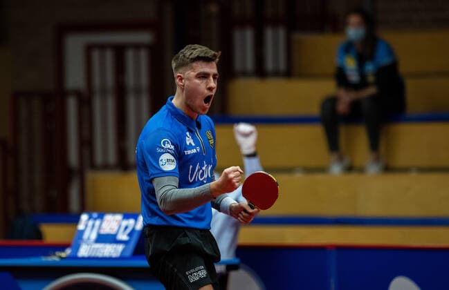 Darko Jorgic Saarbrücken cheers Borussia Düsseldorf 1 FC Saarbrücken TT 29 11 2020, Table tennis 1 Bundesliga, men, season 2020 21 Photo Moritz Müller Only for Editorial use