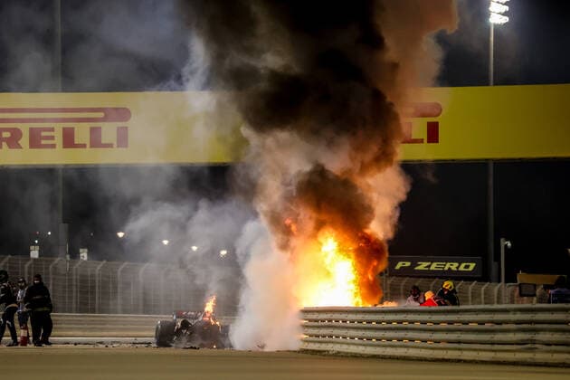 Motorsports FIA Formula One World Championship 2020, Grand Prix of Bahrain, A fire is pictured following the crash of 8 Romain Grosjean FRA, Haas F1 Team Sakhir Bahrain