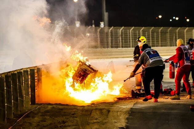 Motorsports FIA Formula One World Championship 2020, Grand Prix of Bahrain, A fire is pictured following the crash of 8 Romain Grosjean FRA, Haas F1 Team Sakhir Bahrain