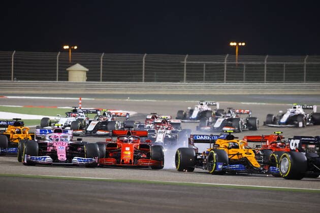 Motorsports FIA Formula One World Championship 2020, Grand Prix of Bahrain, Start, 18 Lance Stroll CAN, BWT Racing Point F1 Team , 5 Sebastian Vettel GER, Scuderia Ferrari Mission Winnow , 4 Lando Norris GBR, McLaren F1 Team , 16 Charles Leclerc MCO, Scuderia Ferrari Mission Winnow , Sakhir Bahrain