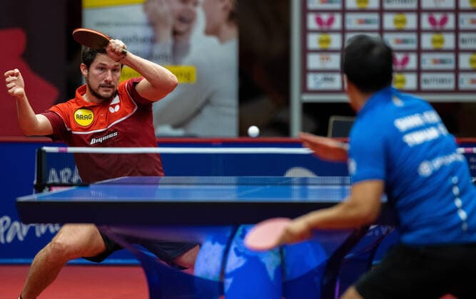 Kristian Karlsson Düsseldorf Shang Kun Saarbrücken Borussia Düsseldorf 1 FC Saarbrücken TT 29 11 2020, Table Tennis 1 Bundesliga, Men, Season 2020 21 Photo Moritz Müller Only for Editorial use