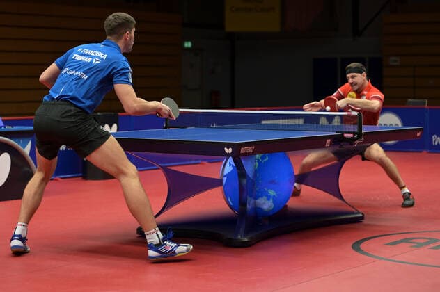 TTBL 9 Matchday Borussia Düsseldorf 1 FC Saarbrücken TT on 29 11 2020 at the ARAG CenterCourt in Düsseldorf Timo Boll Düsseldorf , right and Patrick Franziska Saarbrücken , left xJFx