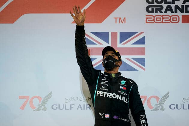 November 29, 2020, Sakhir, Bahrain: LEWIS HAMILTON of Great Britain and Mercedes F1 Team is seen on the podium after winning the 2020 FIA Formula 1 Bahrain Grand Prix at Bahrain International Circuit in Sakhir, Bahrain. Sakhir Bahrain - ZUMAg147 20201129_zap_g147_049 Copyright: xJamesxGasperottix