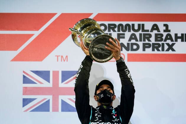 November 29, 2020, Sakhir, Bahrain: LEWIS HAMILTON of Great Britain and Mercedes F1 Team is seen on the podium after winning the 2020 FIA Formula 1 Bahrain Grand Prix at Bahrain International Circuit in Sakhir, Bahrain. Sakhir Bahrain - ZUMAg147 20201129_zap_g147_057 Copyright: xJamesxGasperottix