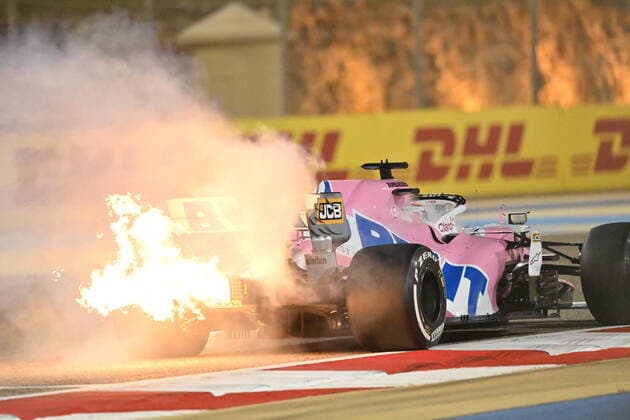 Motorsports FIA Formula One World Championship 2020, Grand Prix of Bahrain, 11 Sergio Perez MEX, BWT Racing Point F1 Team fire due to engine failure Sakhir Bahrain