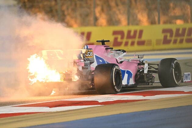 Motorsports FIA Formula One World Championship 2020, Grand Prix of Bahrain, 11 Sergio Perez MEX, BWT Racing Point F1 Team fire due to engine failure Sakhir Bahrain
