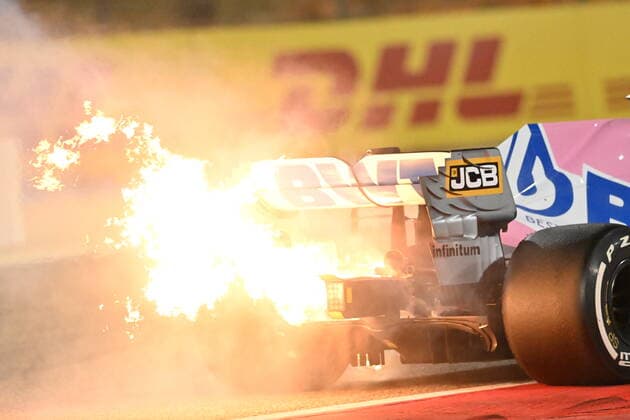 Motorsports FIA Formula One World Championship 2020, Grand Prix of Bahrain, 11 Sergio Perez MEX, BWT Racing Point F1 Team fire due to engine failure Sakhir Bahrain