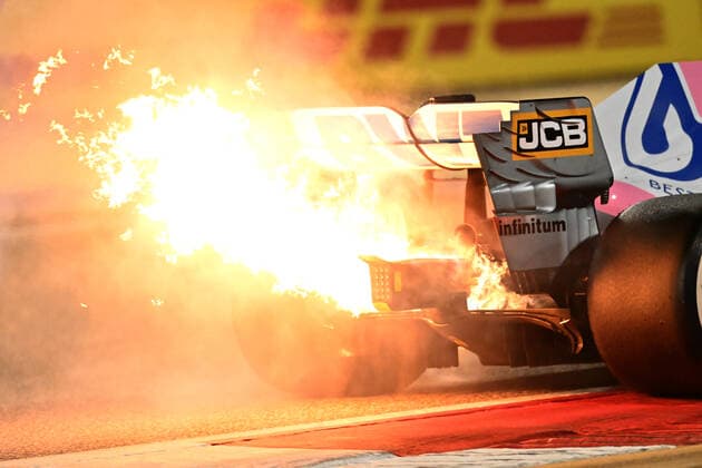 Motorsports FIA Formula One World Championship 2020, Grand Prix of Bahrain, 11 Sergio Perez MEX, BWT Racing Point F1 Team fire due to engine failure Sakhir Bahrain