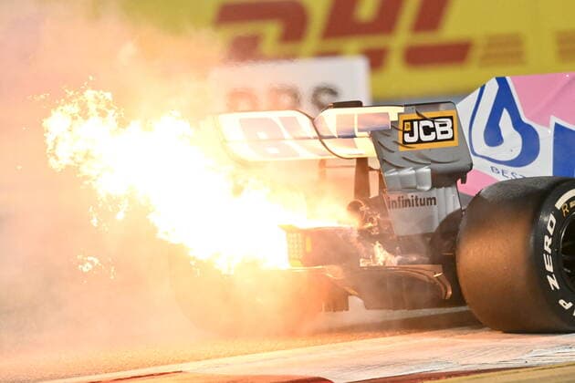 Motorsports FIA Formula One World Championship 2020, Grand Prix of Bahrain, 11 Sergio Perez MEX, BWT Racing Point F1 Team fire due to engine failure Sakhir Bahrain