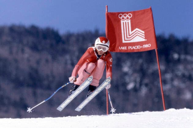 Doris DE AGOSTINI, SUI, Schweiz, Ski Alpin, Aktion Abfahrt ; am 21.02.1980 am Whiteface Mountain; XIII. Olympische Winterspiele 1980, vom 12.02. - 24.02.1980 in Lake Placid USA; Â *** Doris DE AGOSTINI, SUI, Switzerland, Alpine Skiing, Action Downhill on 21 02 1980 at Whiteface Mountain XIII Olympic Winter Games 1980, from 12 02 24 02 1980 in Lake Placid USA Â
