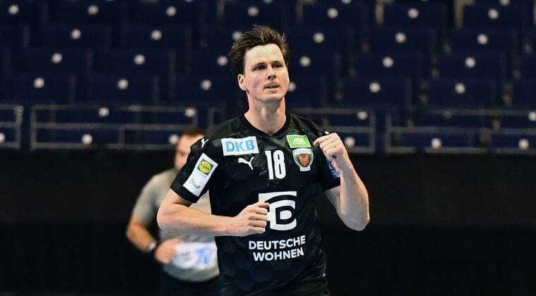 Hans Lindberg Füchse , cheers after a goal Füchse Berlin Dinamo Bucharest European League, EHF Cup Mens , 2020 2021, Group stage, Men, Men, Men, Handball, Germany, Germany, Max Schmeling Halle Berlin, 1 12 2020