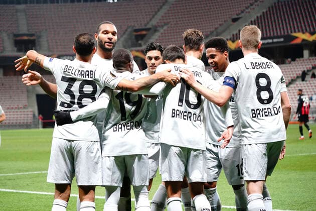 Joie - Moussa Diaby (Bayer Leverkusen) - Karim Bellarabi (Bayer Leverkusen) - Kerem Demirbay (Bayer Leverkusen) - Lars Bender (Bayer Leverkusen) FOOTBALL : OGC Nice vs Bayer Leverkusen - Europa Ligue - Nice - 03 12 2020 NorbertScanella PanoramiC 