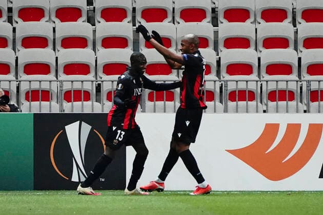 Joie - Hassane Kamara (OGC Nice) - Myziane Maolida (OGC Nice) FOOTBALL : OGC Nice vs Bayer Leverkusen - Europa Ligue - Nice - 03 12 2020 NorbertScanella PanoramiC 