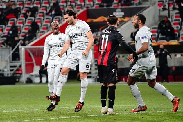 Joie - Aleksandar Dragovic (Bayer Leverkusen) FOOTBALL : OGC Nice vs Bayer Leverkusen - Europa Ligue - Nice - 03 12 2020 NorbertScanella PanoramiC 