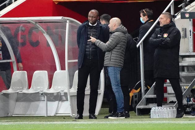Patrick Vieira (entraineur de l OGC Nice) - Peter Bosz (entraineur de Bayer Leverkusen) FOOTBALL : OGC Nice vs Bayer Leverkusen - Europa Ligue - Nice - 03 12 2020 NorbertScanella PanoramiC 