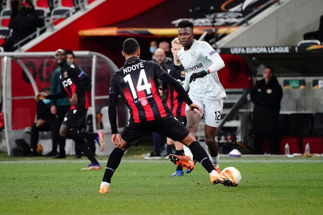 Edmond Tapsoba (Bayer Leverkusen) - Dan Ndoye (OGC Nice) FOOTBALL : OGC Nice vs Bayer Leverkusen - Europa Ligue - Nice - 03 12 2020 NorbertScanella PanoramiC 