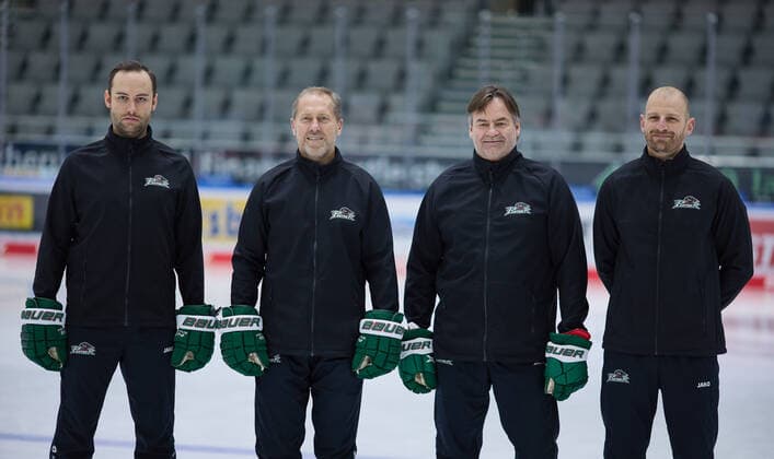 Trainer team of the Augsburg Panthers, from left to right Max Dürr Goalkeeper Trainer Augsburg Panther , Tray Tuomie Trainer Augsburg Panther , Jamie Bartman Co Trainer Augsburg Panther , Gregor Grutschnig Athletics Trainer Augsburg Panther DEL, portrait date 2020 2021,