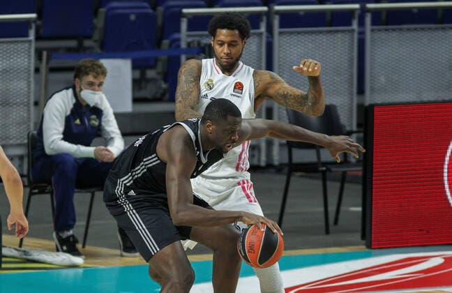December 4, 2020, Madrid, MADRID, SPAIN: Moustapha Fall of Asvel Lyon-Villeurbanne and Trey Thompkins of Real Madrid in action during the Euroleague basketball match played between Real Madrid and Asvel Lyon-Villeurbanne at WiZink Center on December 04, 2020, in Madrid, Spain. Madrid SPAIN - ZUMAa181 20201204_zaa_a181_048 Copyright: xIrinaxR.xHipolitox
