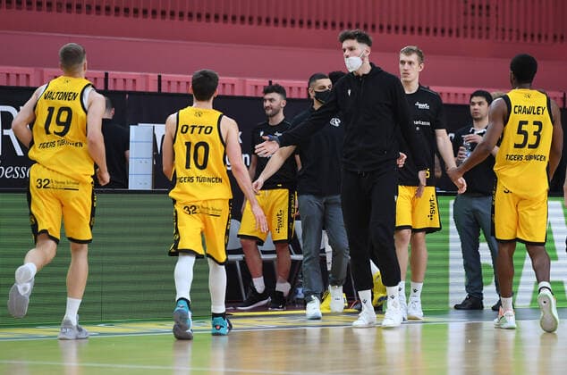 Basketball 2 Bundesliga 2020 2021 9 Matchday 05 12 2020 Tigers Tuebingen Rostock Seawolves Disappointment Tigers Elias Valtonen, Gianni Otto, Enosch Wolf, Jekabs Beck and Isaiah Crawley from left