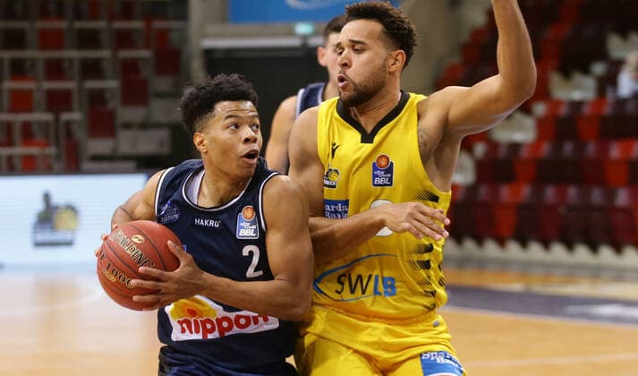 Ludwigsburg , Basketball easyCredit BBL Bundesliga , MHP GIANTS Ludwigsburg vs HAKRO Merlins Crailsheim , from left Trae Bell Haynes Crails Elias harris Riesen