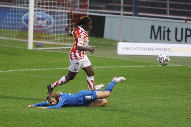 1 FC Cologne TSG Hoffenheim DFB Cup Women 3 Round Season 2020 2021 Franz Kremer Stadium Cologne Germany 06 12 2020 Above Eunice Beckmann 1 FC Cologne Below Maximiliane Rall Hoffenheim