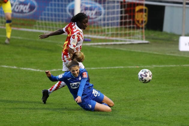 1 FC Cologne TSG Hoffenheim DFB Cup Women 3 Round Season 2020 2021 Franz Kremer Stadium Cologne Germany 06 12 2020 Above Eunice Beckmann 1 FC Cologne Below Maximiliane Rall Hoffenheim