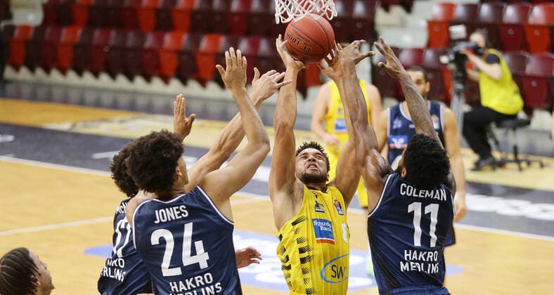 Ludwigsburg , Basketball easyCredit BBL Bundesliga , MHP GIANTS Ludwigsburg vs HAKRO Merlins Crailsheim , center Elias Harris Riesen