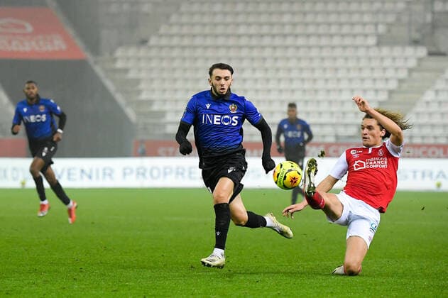 11 AMINE GOUIRI (NICE) - 02 WOUT FAES (REI) FOOTBALL : Reims vs Nice - Ligue 1 Uber Eats - 06 12 2020 FEP Panoramic 
