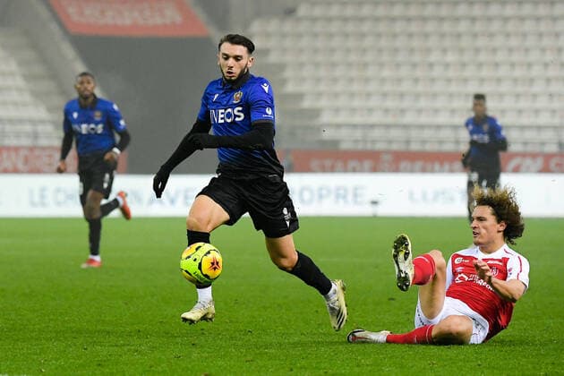 11 AMINE GOUIRI (NICE) - 02 WOUT FAES (REI) FOOTBALL : Reims vs Nice - Ligue 1 Uber Eats - 06 12 2020 FEP Panoramic 