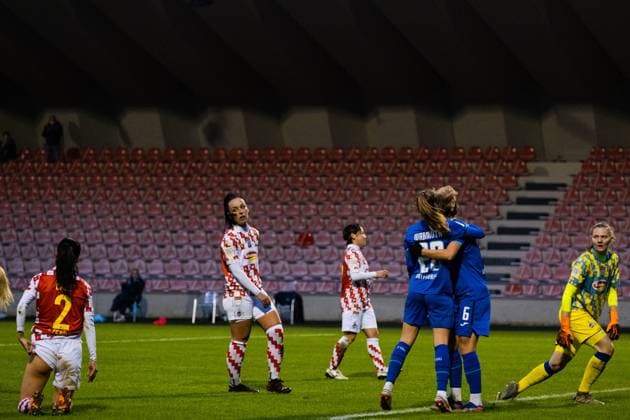 COLOGNE, GERMANY, DEC 6TH Tabea Waßmuth ( 28 TSG) and Lena Lattwein ( 6 TSG) celebrate goal number six during the DFB Pokal round of 16 between 1. Fc Köln and TSG Hoffenheim at the Franz-Kremer Stadion in Cologne. Tatjana Herzberg SPP 1. Fc Köln vs TSG Hoffenheim 