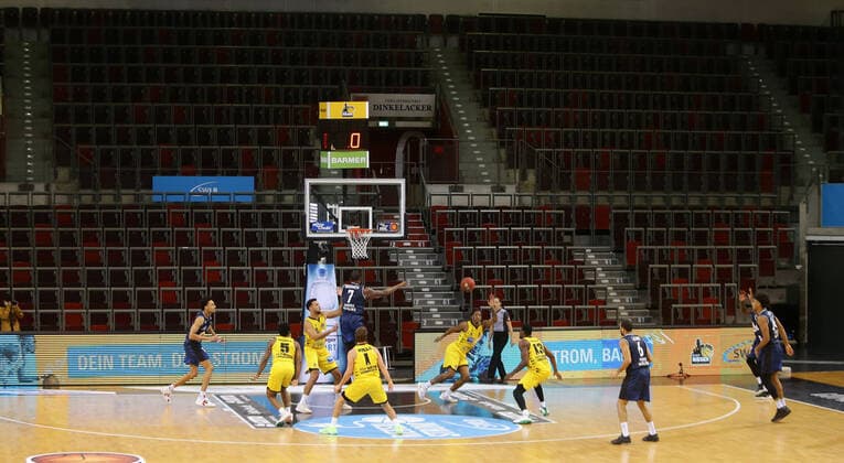 Ludwigsburg , Basketball easyCredit BBL Bundesliga , MHP GIANT Ludwigsburg vs. HAKRO Merlins Crailsheim , Overview ghost game game scene in front of empty stands