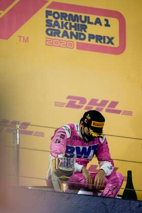 December 6, 2020, Sakhir, Bahrain: SERGIO PEREZ of Mexico and Racing Point F1 Team is seen on the podium after winning the 2020 FIA Formula 1 Sakhir Grand Prix at Bahrain International Circuit in Sakhir, Bahrain. Sakhir Bahrain - ZUMAg147 20201206_zap_g147_034 Copyright: xJamesxGasperottix