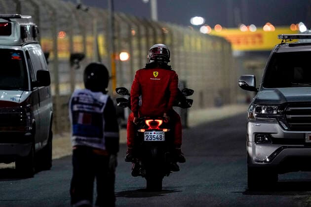 December 6, 2020, Sakhir, Bahrain: CHARLES LECLERC of Monaco and Scuderia Ferrari is seen riding on a motorbike after a crash during the 2020 FIA Formula 1 Sakhir Grand Prix at Bahrain International Circuit in Sakhir, Bahrain. Sakhir Bahrain - ZUMAg147 20201206_zap_g147_099 Copyright: xJamesxGasperottix