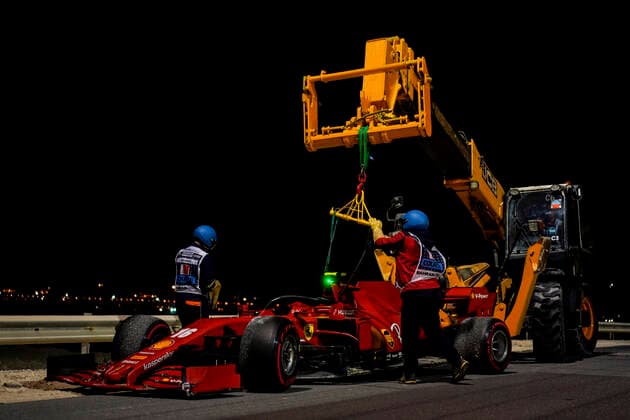 December 6, 2020, Sakhir, Bahrain: The Scuderia Ferrari car of CHARLES LECLERC of Monaco is recovered after a crash during the 2020 FIA Formula 1 Sakhir Grand Prix at Bahrain International Circuit in Sakhir, Bahrain. Sakhir Bahrain - ZUMAg147 20201206_zap_g147_104 Copyright: xJamesxGasperottix
