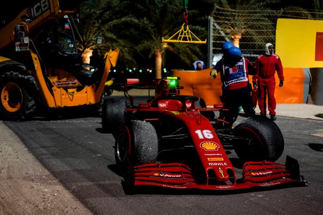 December 6, 2020, Sakhir, Bahrain: The Scuderia Ferrari car of CHARLES LECLERC of Monaco is recovered after a crash during the 2020 FIA Formula 1 Sakhir Grand Prix at Bahrain International Circuit in Sakhir, Bahrain. Sakhir Bahrain - ZUMAg147 20201206_zap_g147_103 Copyright: xJamesxGasperottix