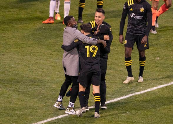 COLUMBUS, OH - DECEMBER 06: Columbus Crew SC celebrate winning the game after the Eastern Conference Final between the Columbus Crew SC and the New England Revolution at MAPFRE Stadium in Columbus, Oho on December 6th, 2020. Columbus Crew SC won 1-0. (Photo by Jason Mowry Icon Sportswire) SOCCER: DEC 06 MLS, Fussball Herren, USA Cup Playoffs Eastern Conference Final - New England Revolution at Columbus Crew Icon2012060024