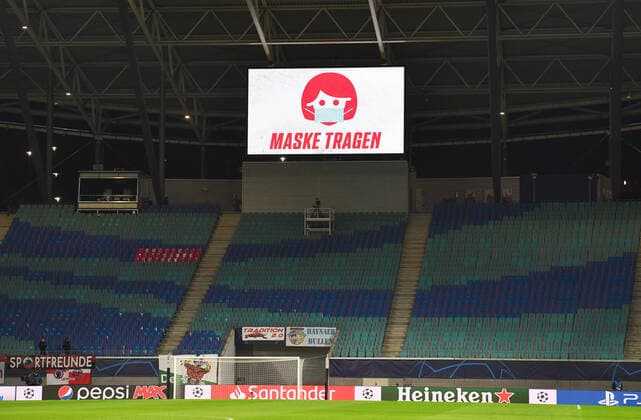 Football, Men, Season 2020 2021, UEFA Champions League Group Stage, Group H, RB Leipzig Manchester United, Scoreboard with information on compulsory mask, wearing a mask, 08 12 2020, Copyright: xMatthiasxKochx
