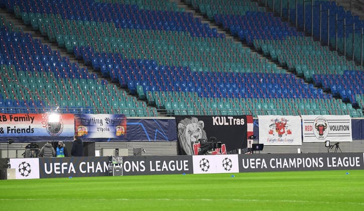 Football, men, season 2020 2021, UEFA Champions League group stage, Group H , RB Leipzig Manchester United, banners and flags of the fans of RB Leipzig hanging in the stadium, 08 12 2020, Copyright: xMatthiasxKochx