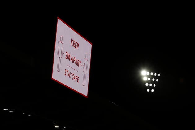 9th December 2020; Brentford Community Stadium, London, England; English Football League Championship Football, Brentford FC versus Derby County; "Keep 2m Apart Stay Safe" warning displayed on the score board  ActionPlus12252943 JohnxPatrickxFletcher
